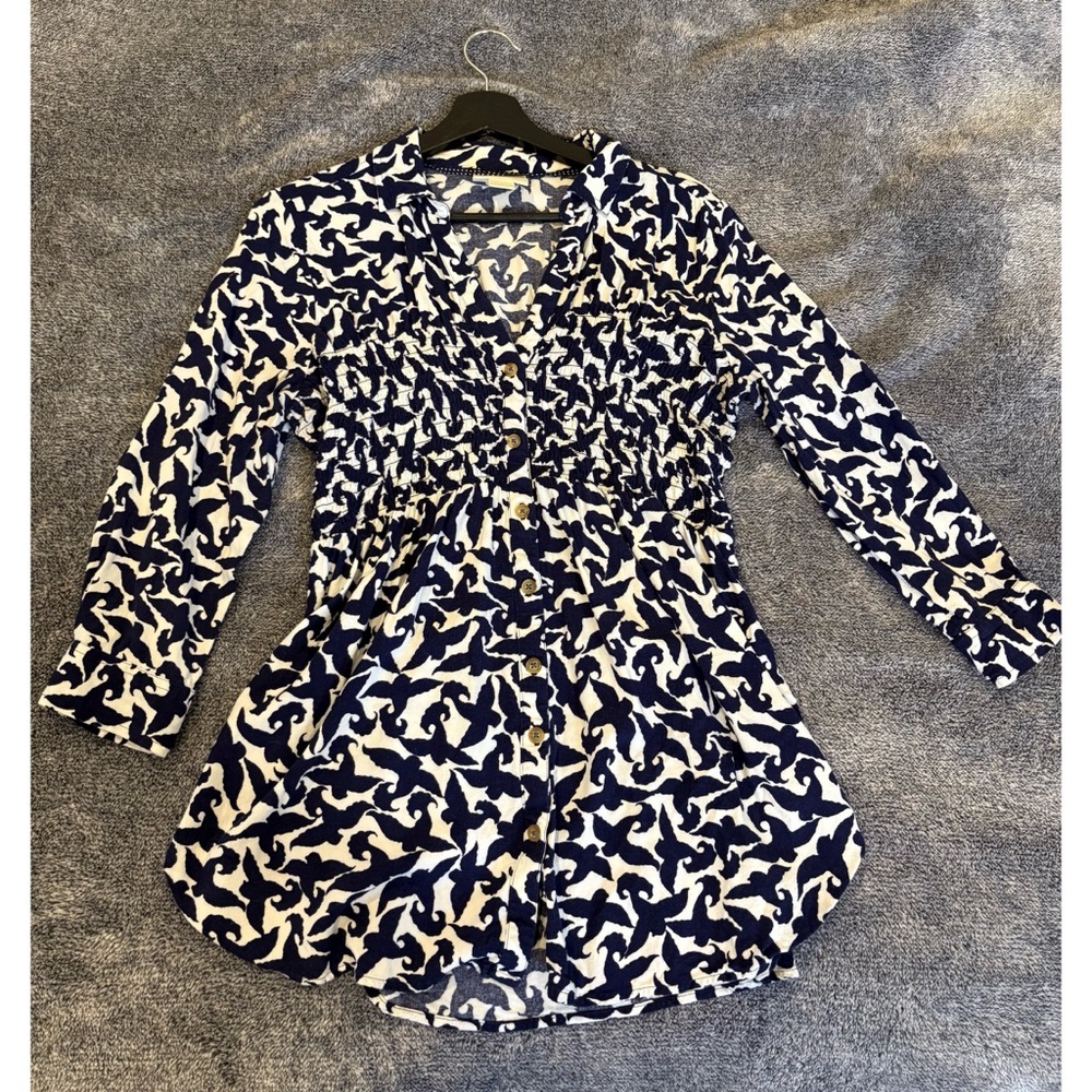 Anthropologie Maeve Alexa Smocked Small Tunic, Blue/White Pattern - Picture 6 of 11